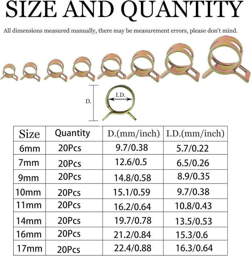 YNEGSDE Spring Band Type Fuel Line Silicone Vacuum Hose Water Pipe Clamp Low Pressure Air Tube Clamps Fastener Assortment Kit 8 Sizes 160PCS - Image 2